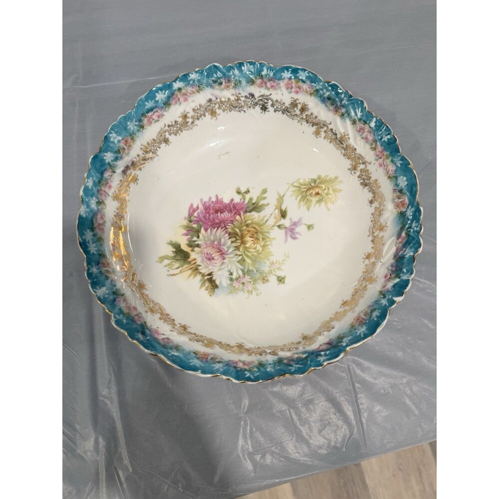 Vintage Floral Serving Bowl Teal Blue Rim Gold Gilt Scalloped Edge Cottagecore